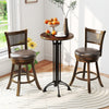 Set of 2 brown swivel bar stools with ergonomic backrests and rustic PE rattan design, perfect for counter height.
