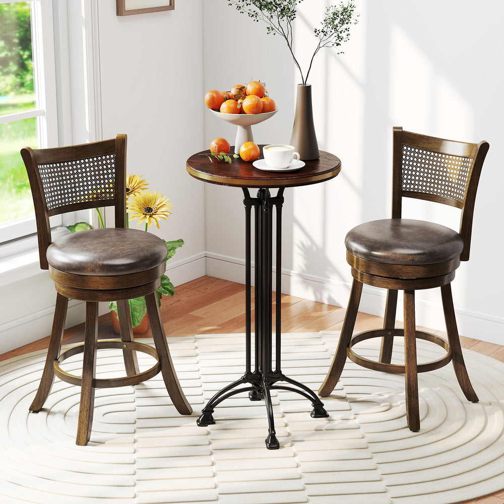 Set of 2 brown swivel bar stools with ergonomic backrests and rustic PE rattan design, perfect for counter height.