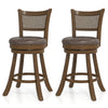 Set of 2 brown swivel bar stools with ergonomic backrest and rustic PE rattan design, ideal for counter height seating.