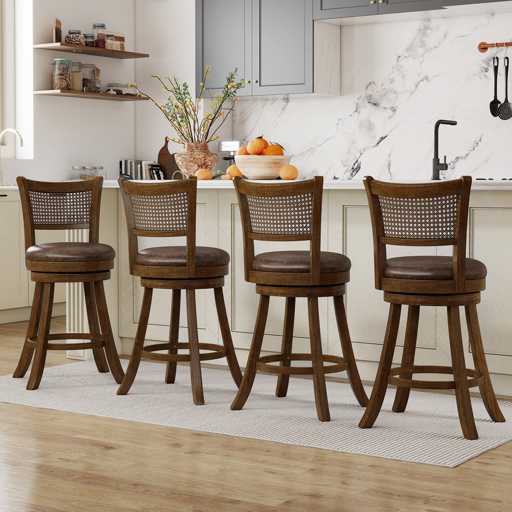 Set of 2 brown swivel bar stools with ergonomic backrest and PE rattan design, perfect for counter height seating.