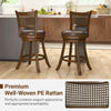 Set of 2 swivel bar stools with ergonomic backrest and rustic PE rattan design, perfect for counter height seating.