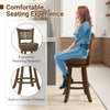 Brown 25" swivel bar stool with ergonomic backrest, circular footrest, and rustic PE rattan design for comfortable.