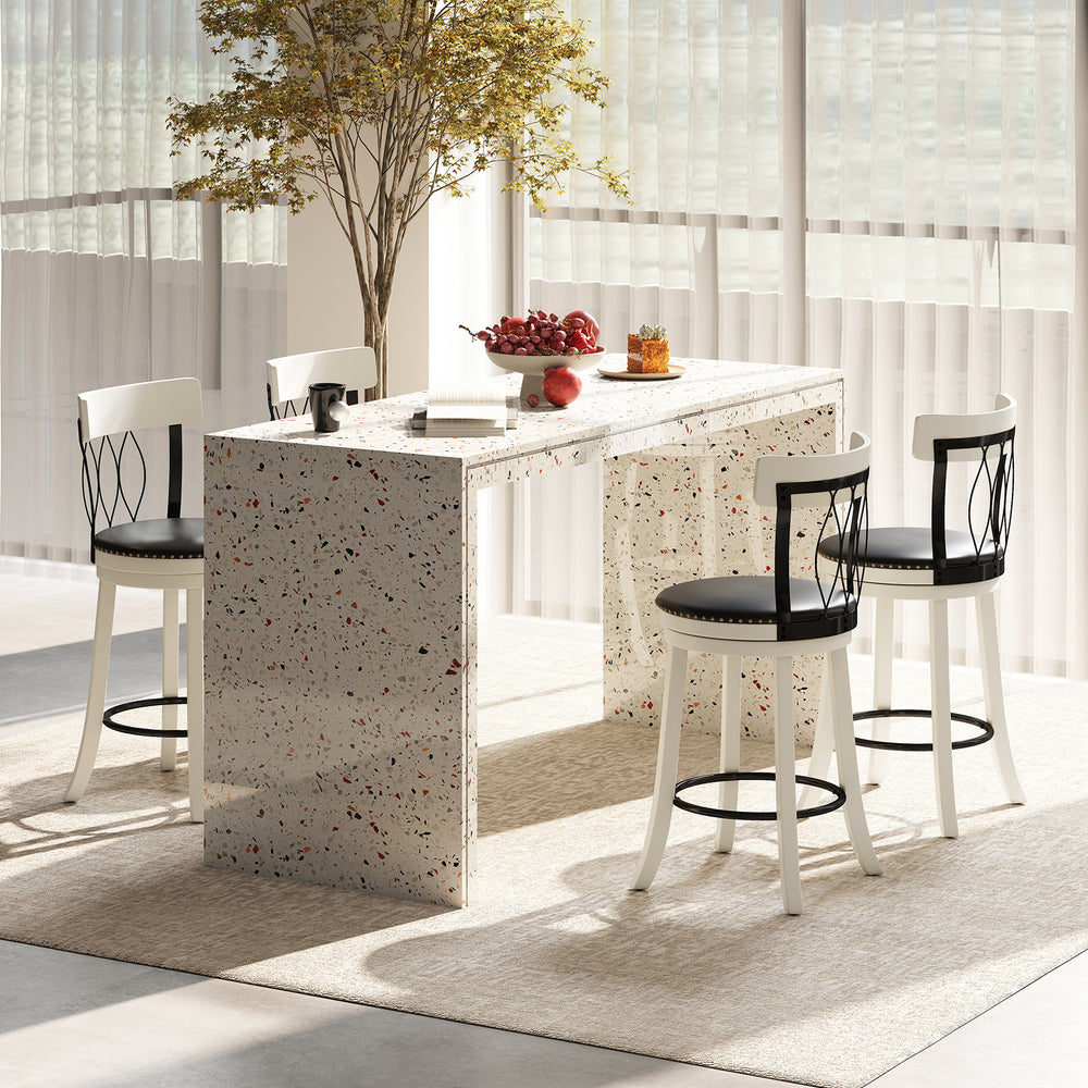 Set of 2 swivel bar stools with rubber wood frame, tufted rivets, and padded seats for modern bar areas.