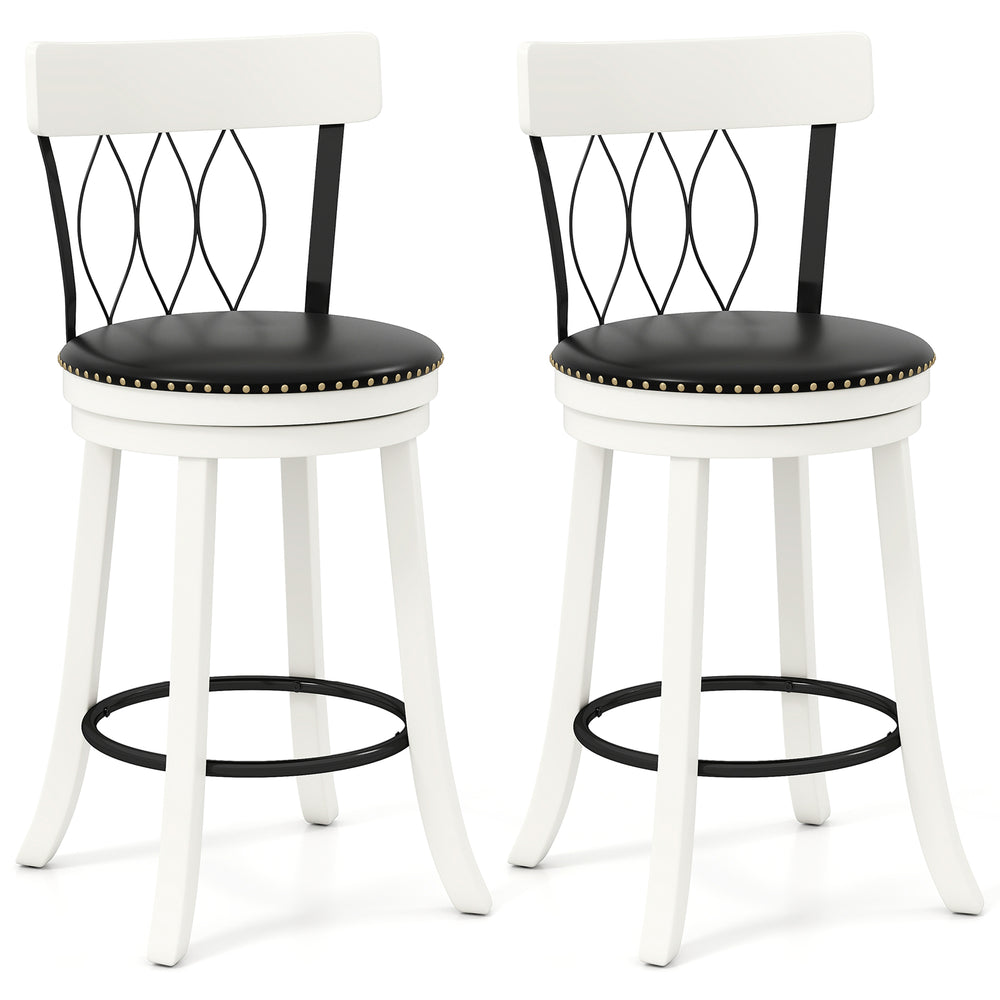 Set of 2 swivel bar stools with rubber wood frame, tufted rivets, and 360° swivel padded seats for modern living.