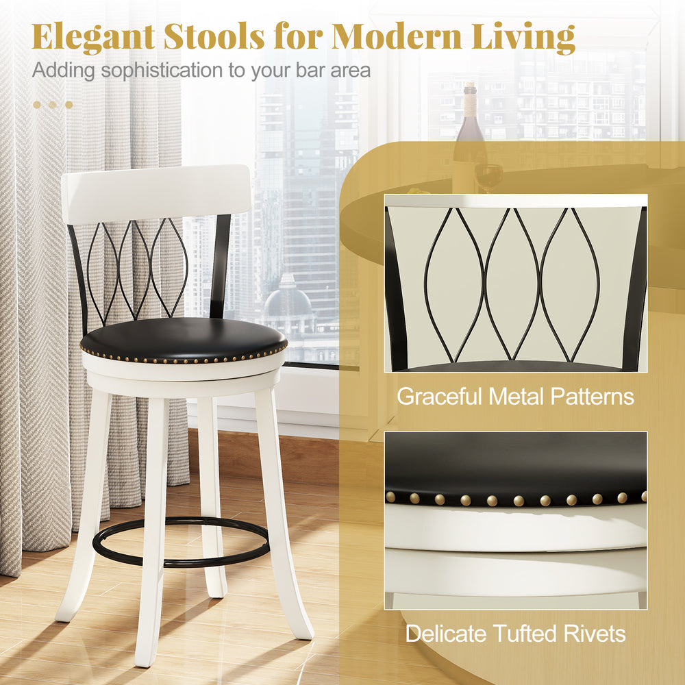 Set of 2 swivel bar stools with rubber wood frame, tufted rivets, and 360° swivel seat for modern living spaces.