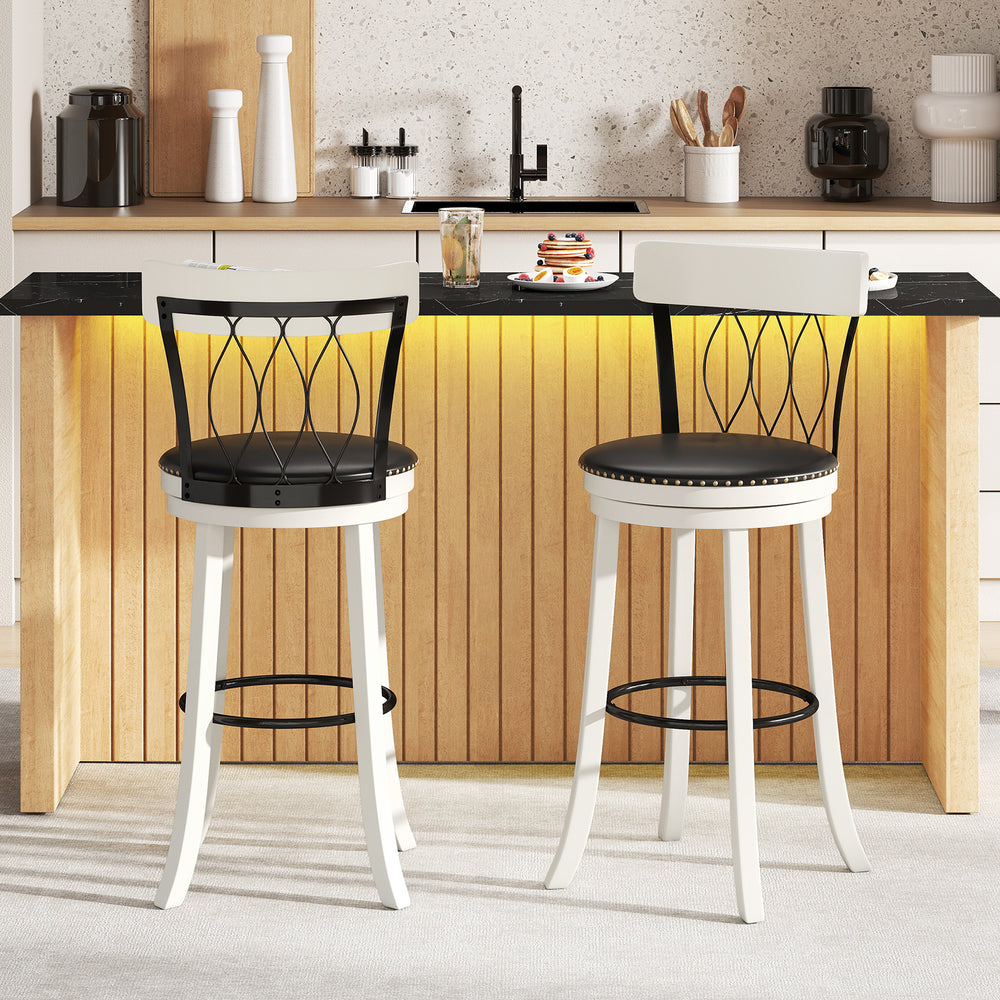 Set of 2 Bar Stools Swivel Bar Chairs with Footrest Rubber Wood Frame and Tufted Rivets-30 inches - Gallery View 1 of 10