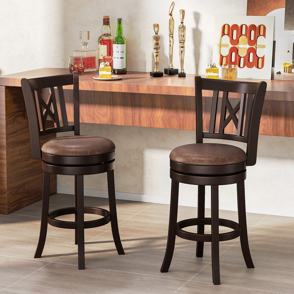 Set of 2 Bar Stools Swivel Bar Chairs with Footrest and Hollowed Backrest-26 inches - Gallery View 1 of 9