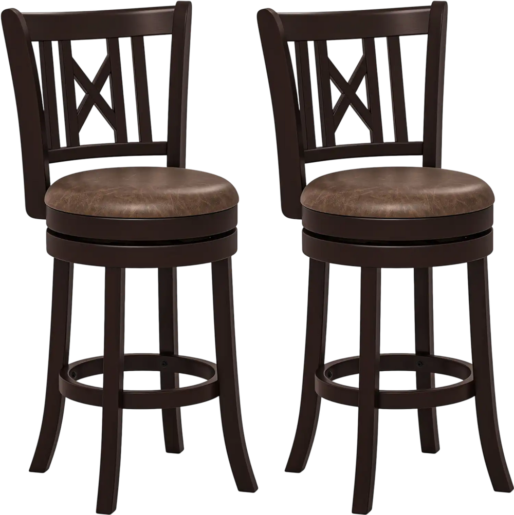 Set of 2 swivel bar stools with footrest, featuring a hollowed backrest and thick padding for comfort.