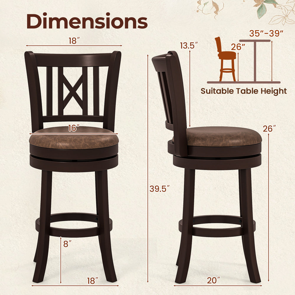Set of 2 swivel bar stools with a hollowed backrest, 26-inch height, and rubber wood frame for kitchen or dining use.
