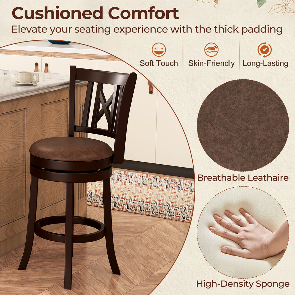 Swivel bar stool with a cushioned seat and hollowed backrest, featuring breathable leathaire upholstery for comfort.