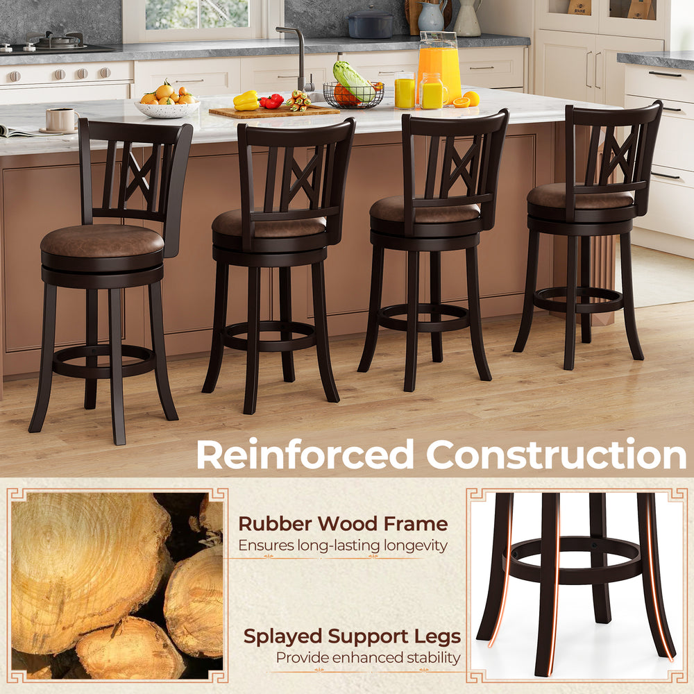 Set of 2 swivel bar stools with rubber wood frame, padded seat, and hollowed backrest for kitchen or dining use.