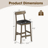 Bar stool dimensions showing a solid rubber wood frame, padded seat, and curved back, suitable for 40"-43" tables.