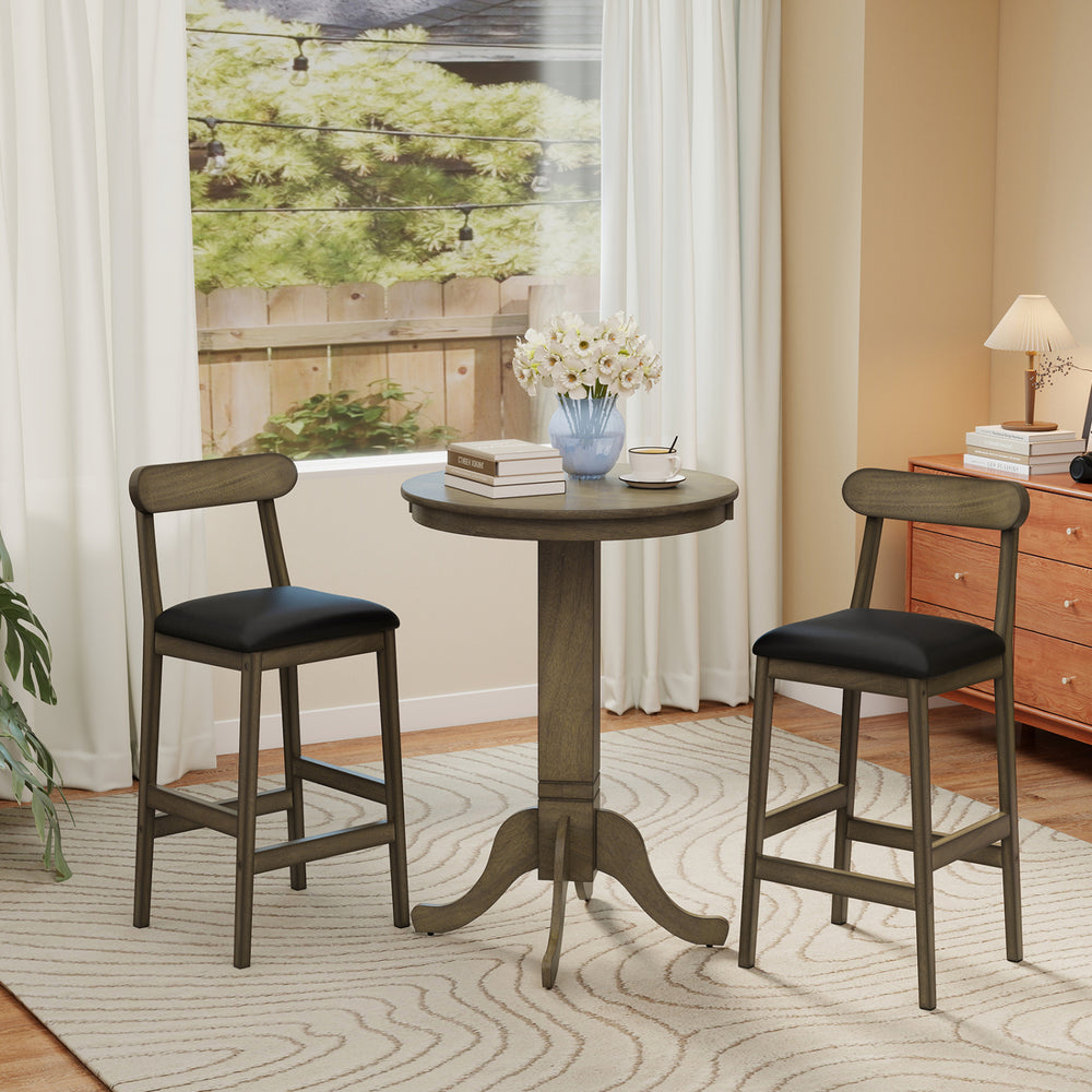 Set of 2 bar stools with rubber wood legs and footrests, upholstered in faux leather, ideal for kitchen or dining areas.