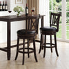 Set of 2 swivel bar stools with a hollowed backrest, thick padding, and rubber wood frame for kitchen or dining room use.