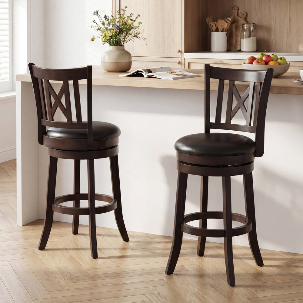 Set of 2 swivel bar stools with hollowed backrest, rubber wood frame, and thick padding for kitchen or dining room use.