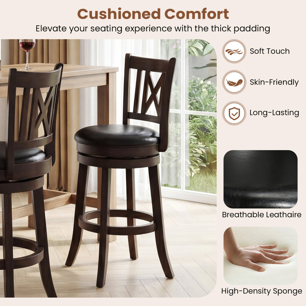 Set of 2 swivel bar stools with breathable leathaire upholstery and ergonomic footrest for enhanced comfort and stability.
