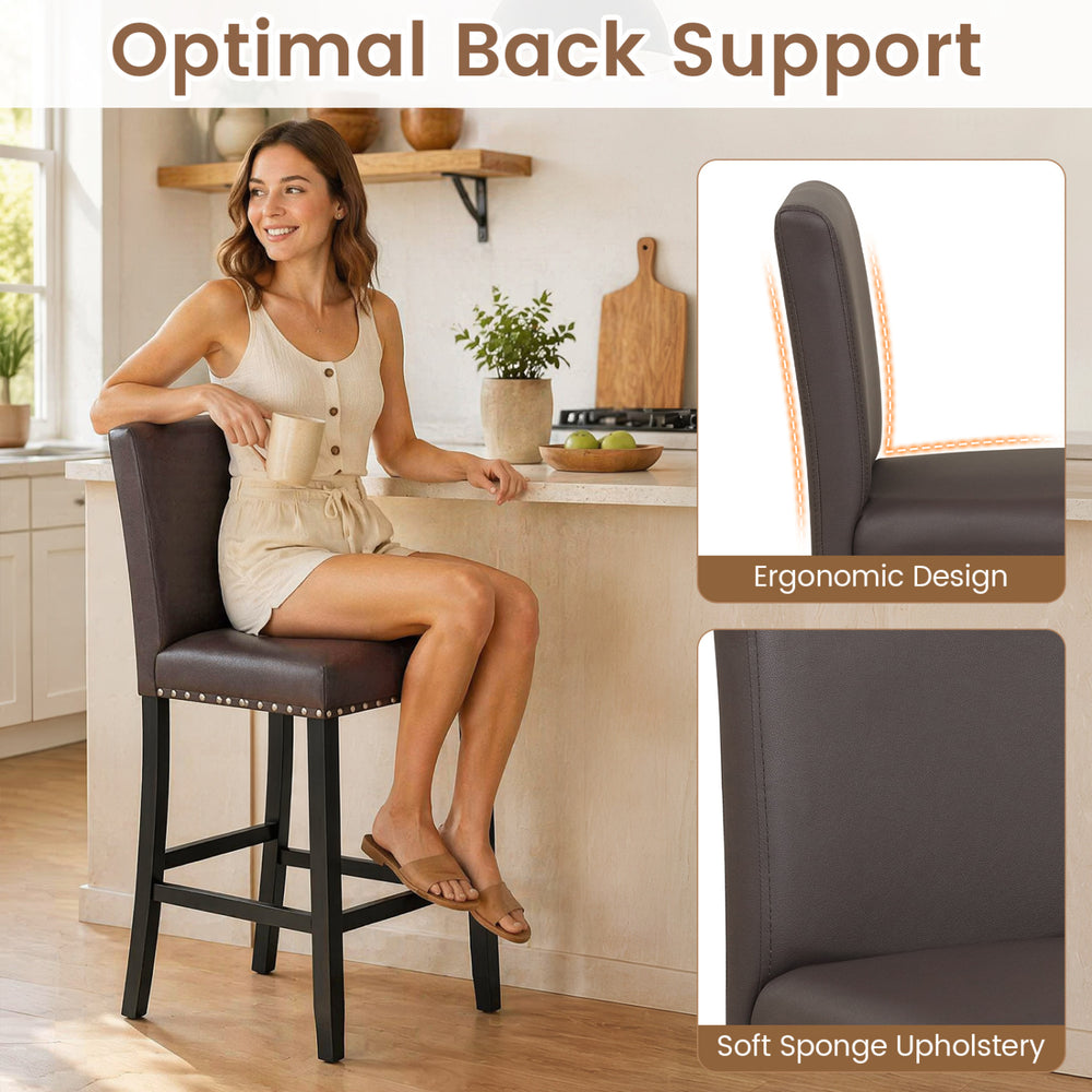 Elegant brown bar stool set with backrest, soft sponge upholstery, and non-slip pads for kitchen island comfort.