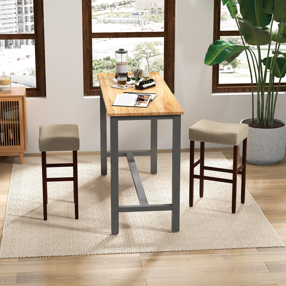 2 Set of 29 Inch Height Upholstered Bar Stool with Solid Rubber Wood Legs and Footrest-Beige - Gallery View 1 of 10