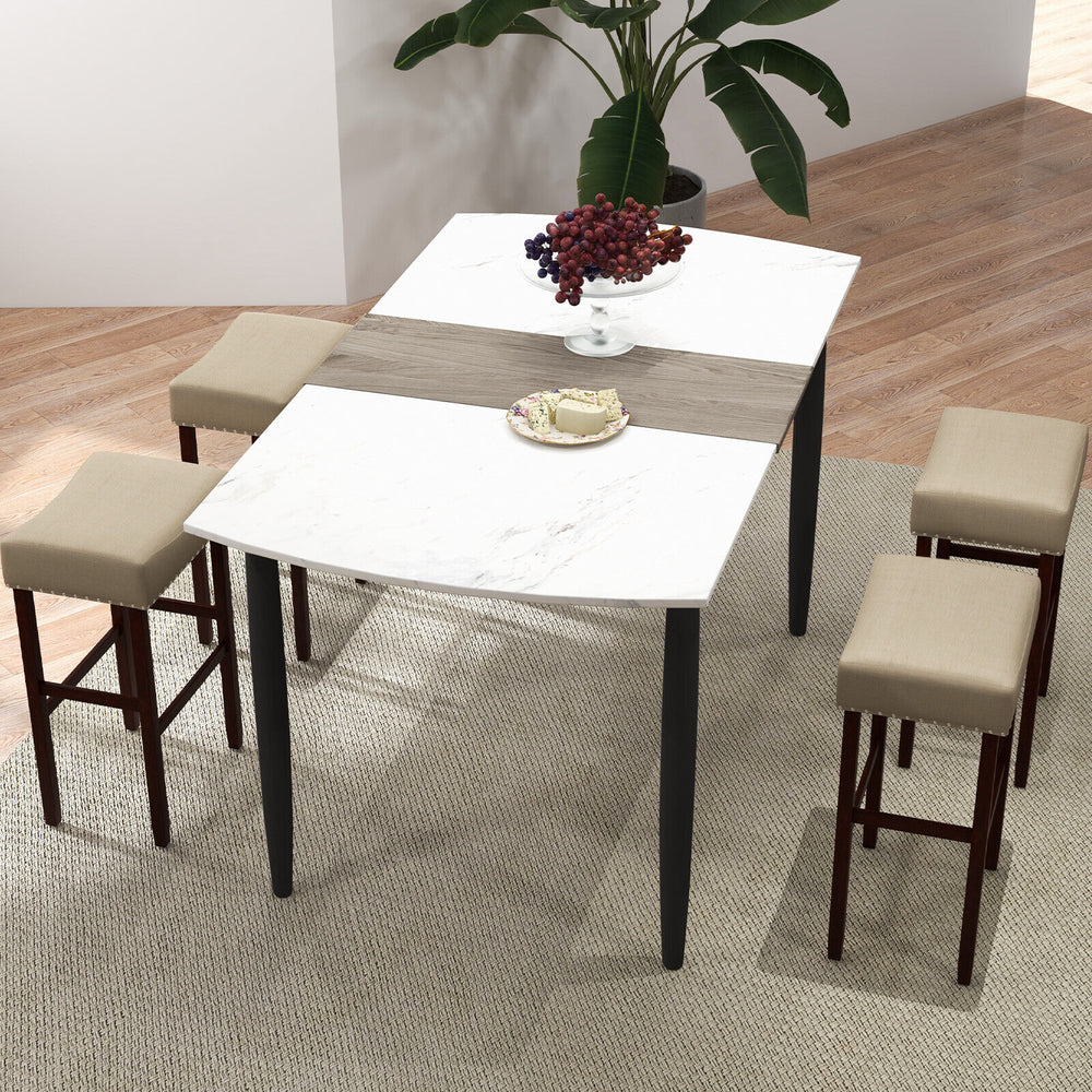 Beige upholstered bar stools with solid rubber wood legs, ideal for pairing with a 40-43 inch bar table in dining areas.