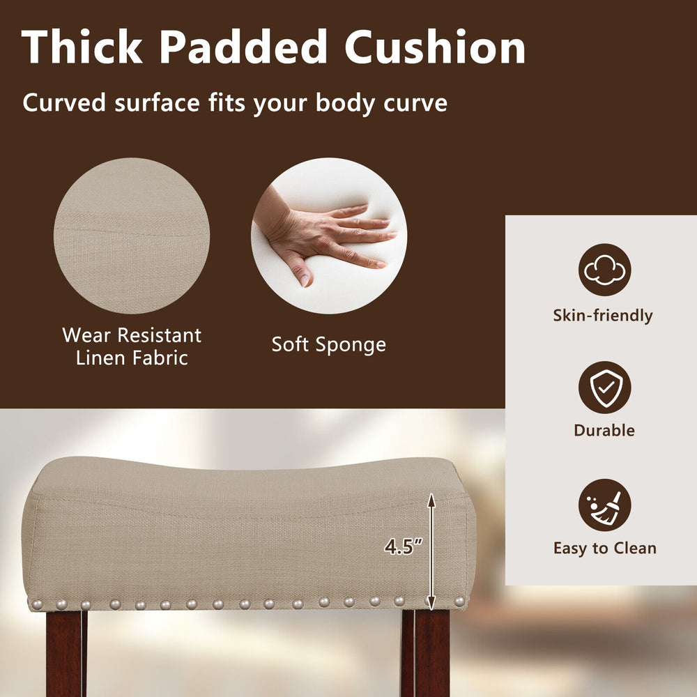 Curved 4.5" thick padded cushion in beige linen fabric for comfortable seating on a bar stool with solid rubber wood.