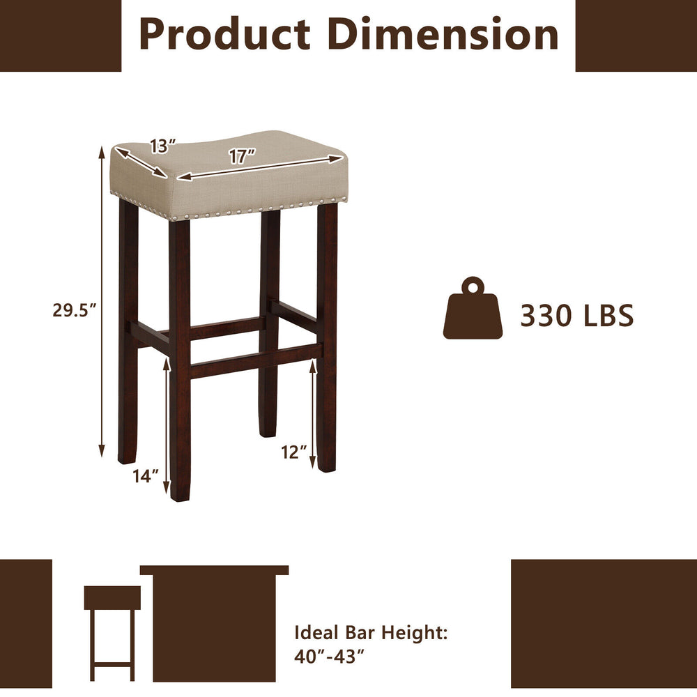Beige upholstered bar stool with solid rubber wood legs, 29-inch height, ideal for 40-43 inch bar tables.
