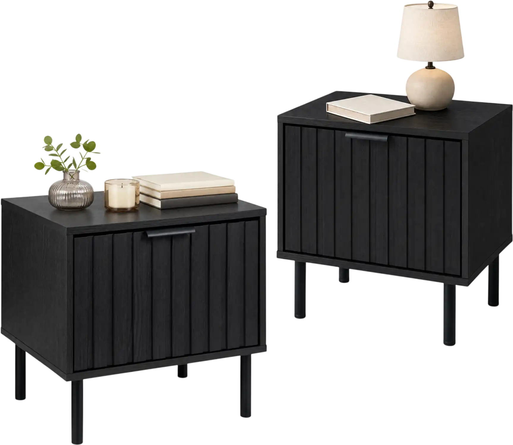 Costway Set of 2 Modern Black Nightstands w/ Vertical-Striped Storage Drawer 23692359 New