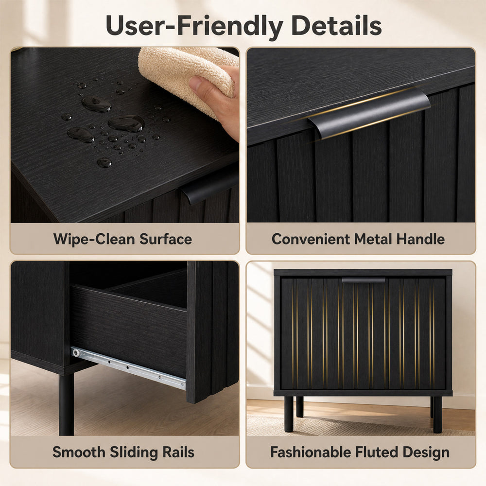 Black modern nightstand featuring a fluted design, wipe-clean surface, and smooth sliding drawer for stylish storage.