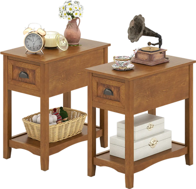 Costway Retro Narrow Tiered End Table w/ Drawer & Shelf 2-Piece 78246953 New