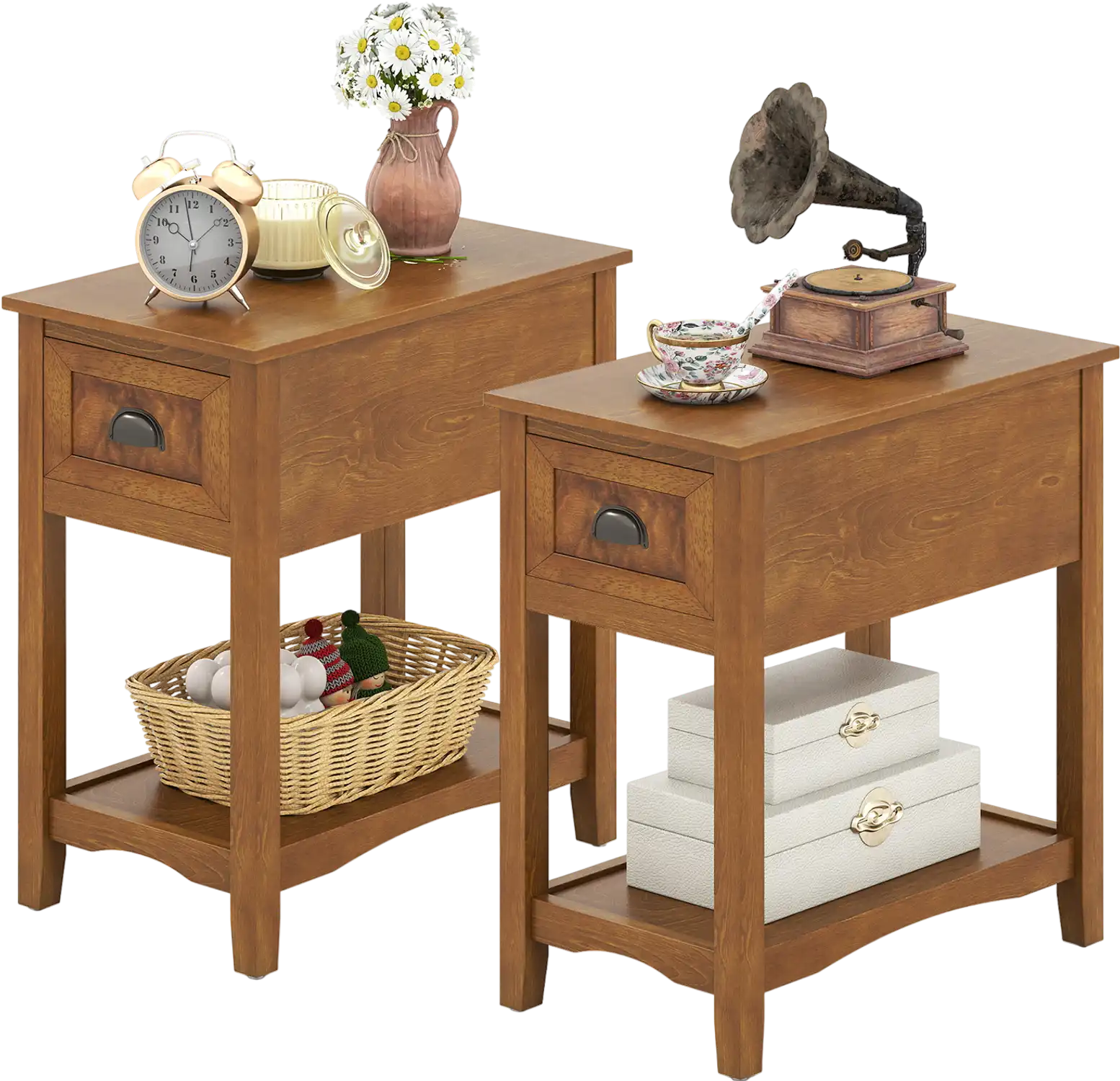 Costway 2-Pc Retro Narrow Tiered End Table w/ Drawer & Storage Shelf 78246953 New