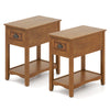 Set of 2 contemporary side end tables in natural finish with drawer and shelf, perfect for compact living spaces.