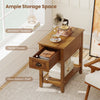 Contemporary side end table with a spacious tabletop, drawer, and open bottom shelf for ample storage in natural finish.