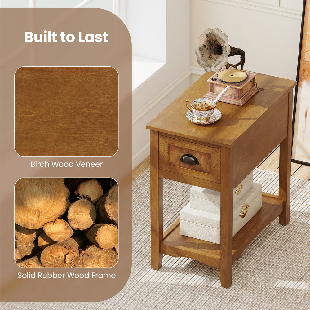 Contemporary side end table in natural finish with drawer and shelf, made from solid rubberwood for compact living.