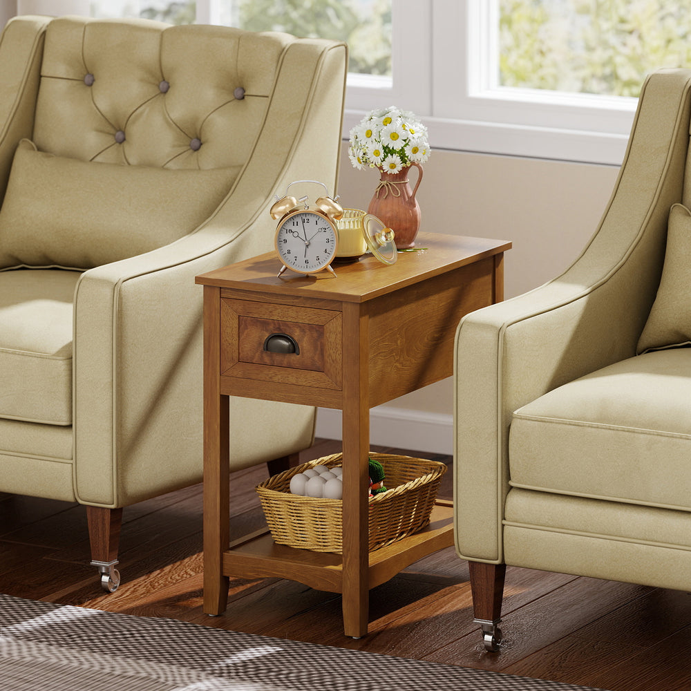 Contemporary side end table with drawer in natural finish, featuring a spacious tabletop and bottom shelf for storage.