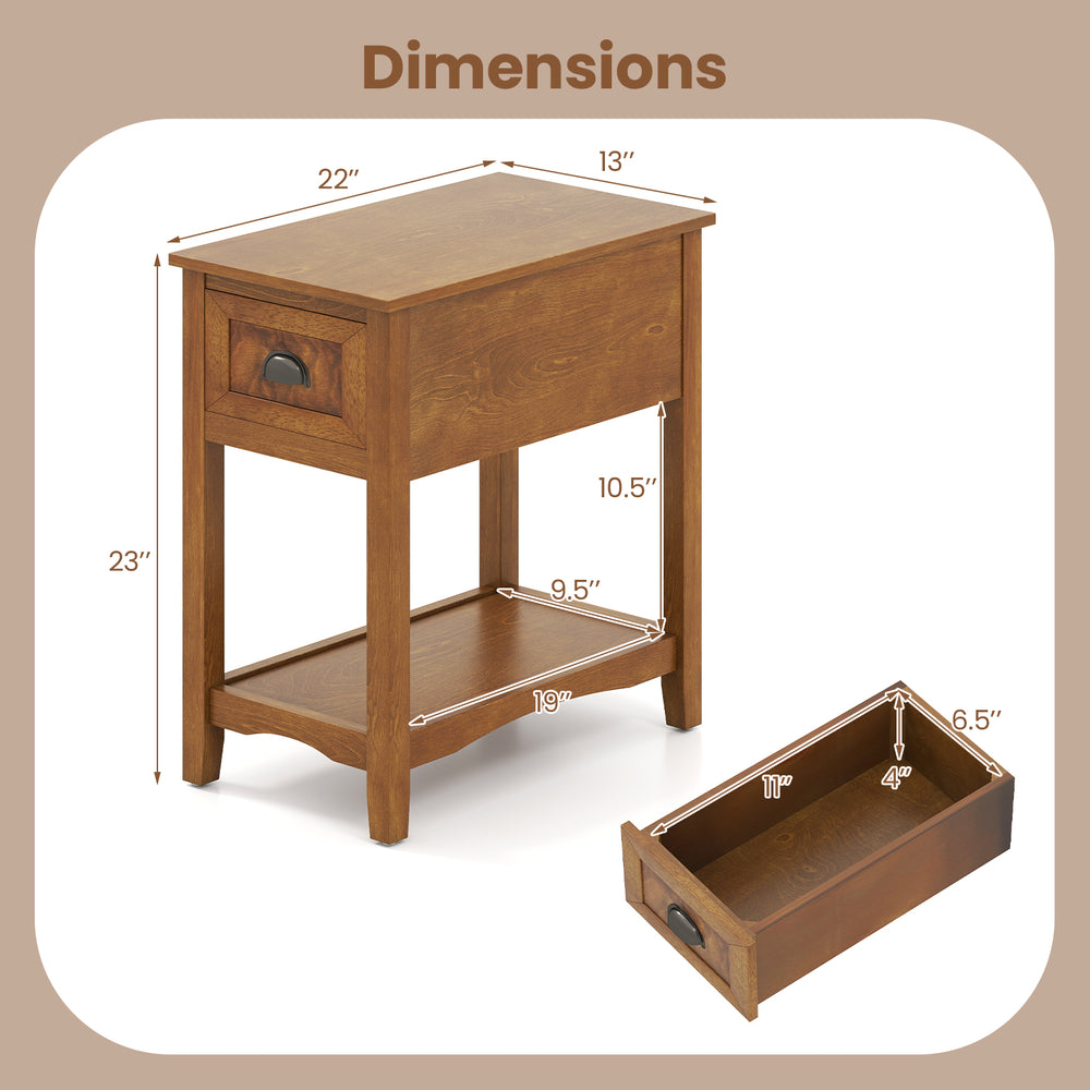 Dimensions of the contemporary side end table with drawer, featuring a natural finish and compact design for small.