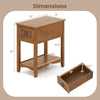 Dimensions of the contemporary side end table with drawer, featuring a natural finish and compact design for small.