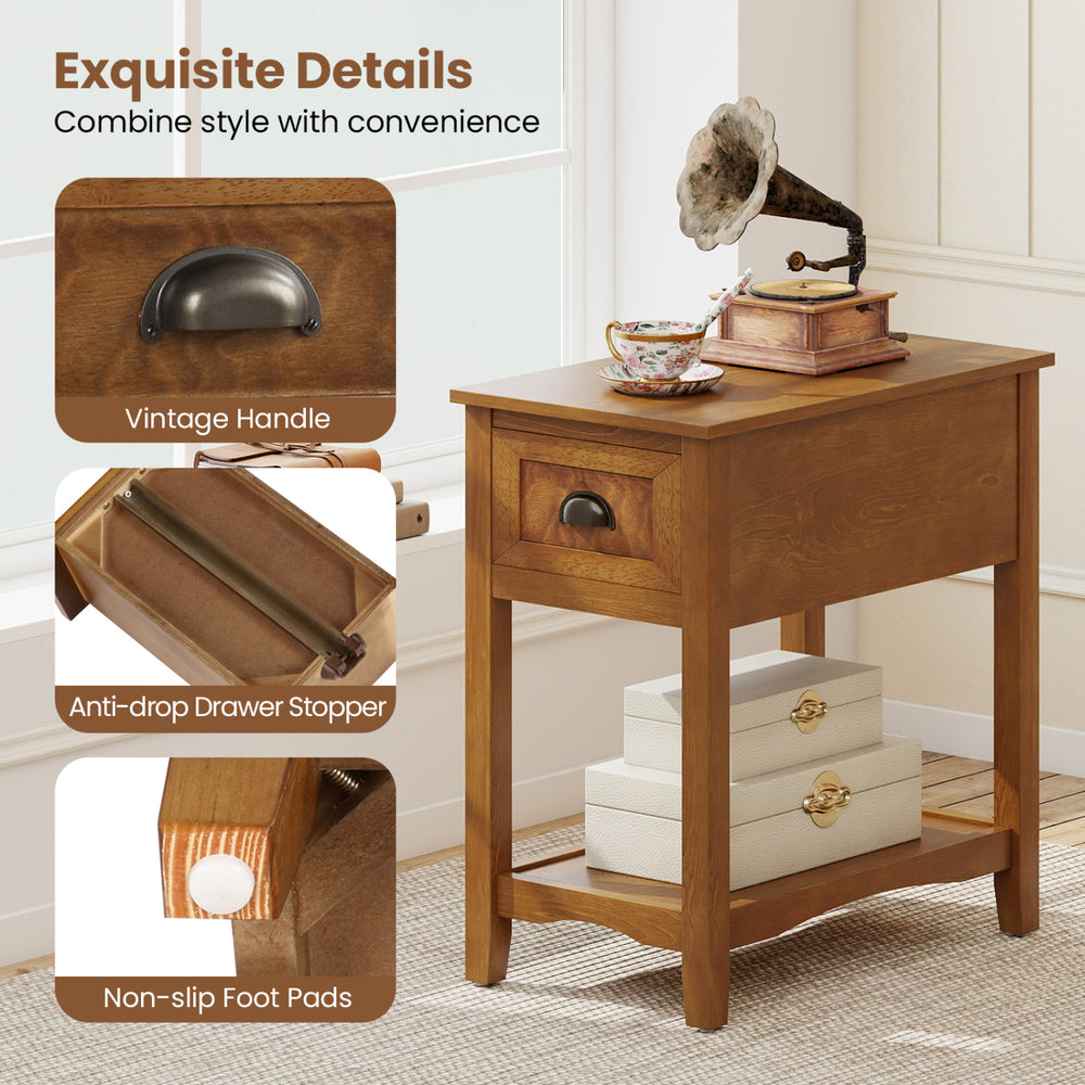 Contemporary side end table with drawer, natural wood finish, ideal for compact spaces in living room or bedroom.
