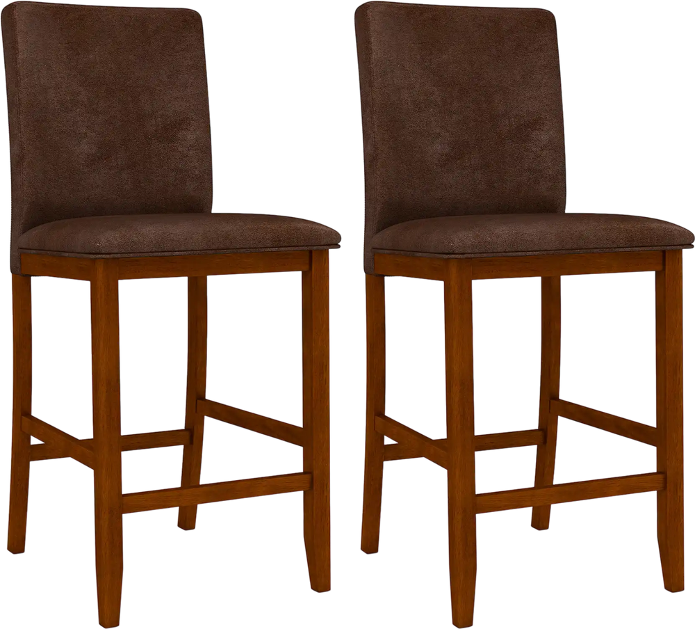 Set of 2 counter barstools with walnut rubberwood legs and upholstered seats, perfect for kitchens and dining rooms.