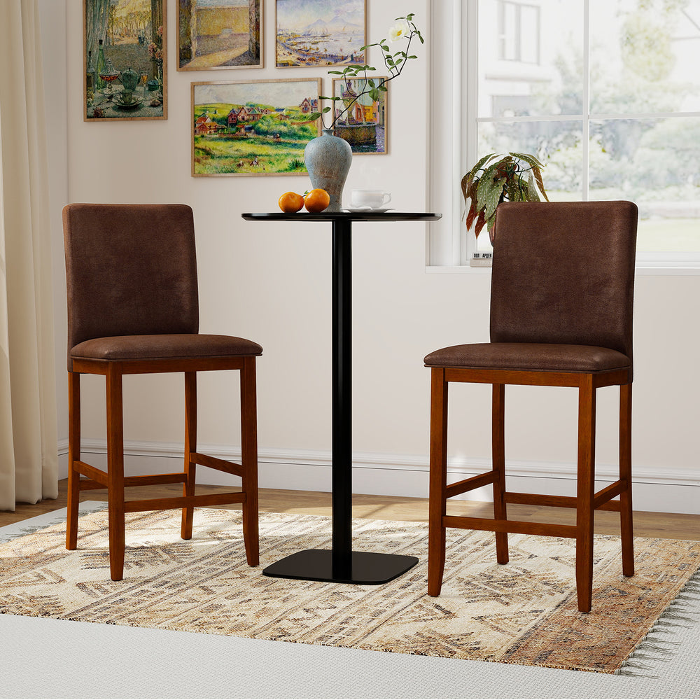 Set of 2 walnut counter barstools with rubberwood legs, upholstered seats, and ergonomic design for kitchen or dining.