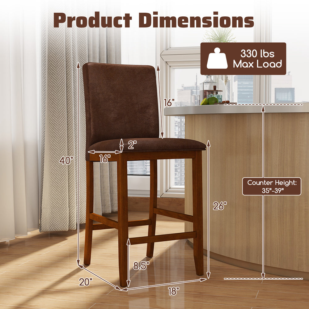 Counter barstool with rubberwood legs, upholstered seat in walnut, dimensions 40"H x 18"W x 26"D, max load 330 lbs.