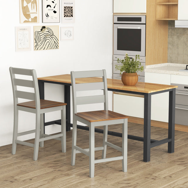 Set of 2 gray counter bar stools with inclined backrest and footrest, perfect for kitchen islands or home bars.