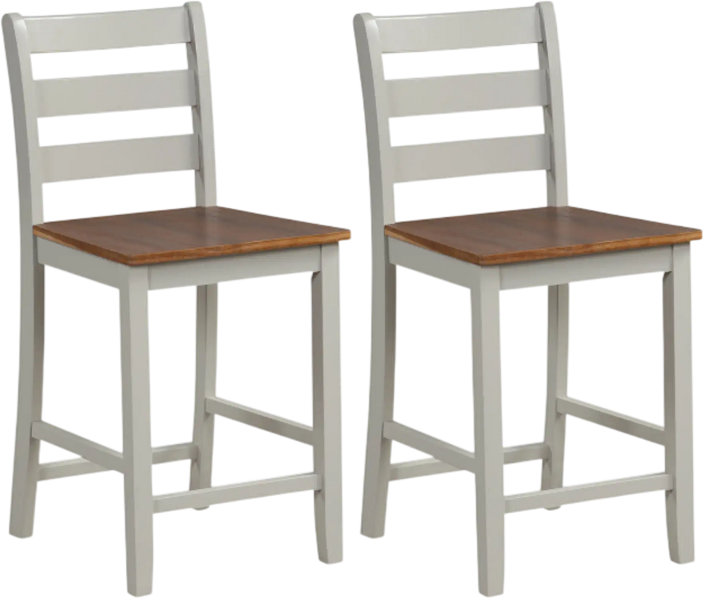 Set of 2 gray counter bar stools with inclined backrest and acacia wood legs, ideal for kitchen islands or home bars.