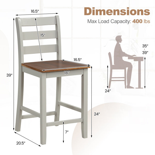 Counter bar stool set in gray with inclined backrest, rubber wood frame, and 400 lbs capacity for kitchen or home bar use.