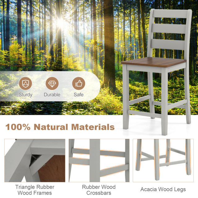 Counter bar stool with inclined backrest and sturdy acacia wood legs, ideal for kitchen islands and home bars.