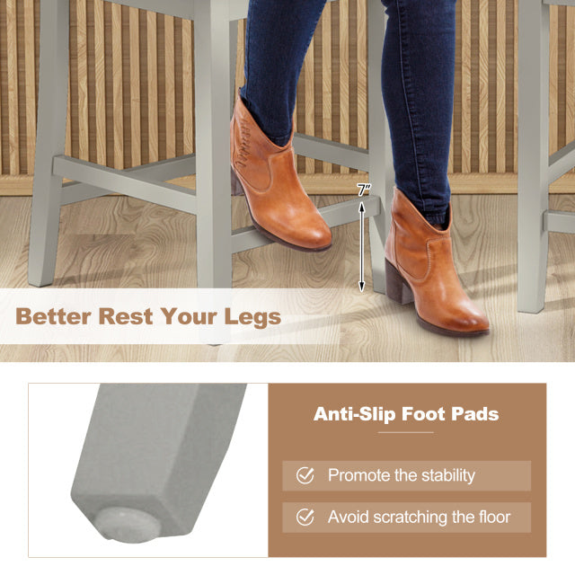 Counter bar stool set with inclined backrest, rubber wood frame, and 7" ergonomic footrest for kitchen or home bar use.