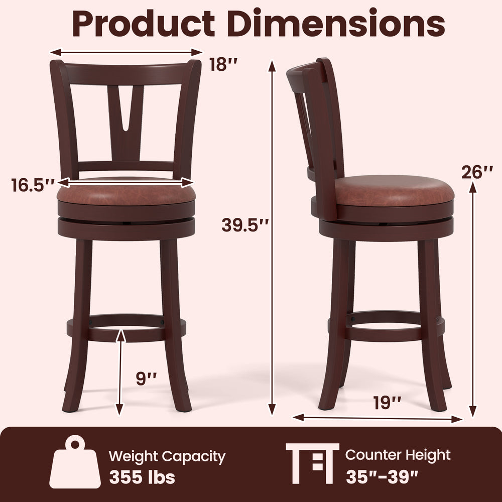 Counter height swivel barstool set with high backs, faux leather seats, and footrests, ideal for kitchen islands.