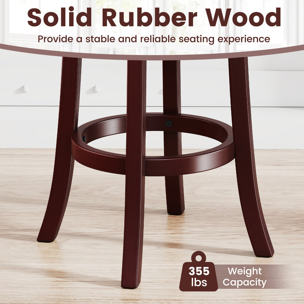 Solid rubber wood base of a counter height swivel barstool, offering stability and a 355 lbs weight capacity for dining.