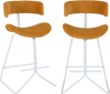 Set of 2 armless counter height stools with orange corduroy seats and white metal bases, ideal for 34"-36" tables.