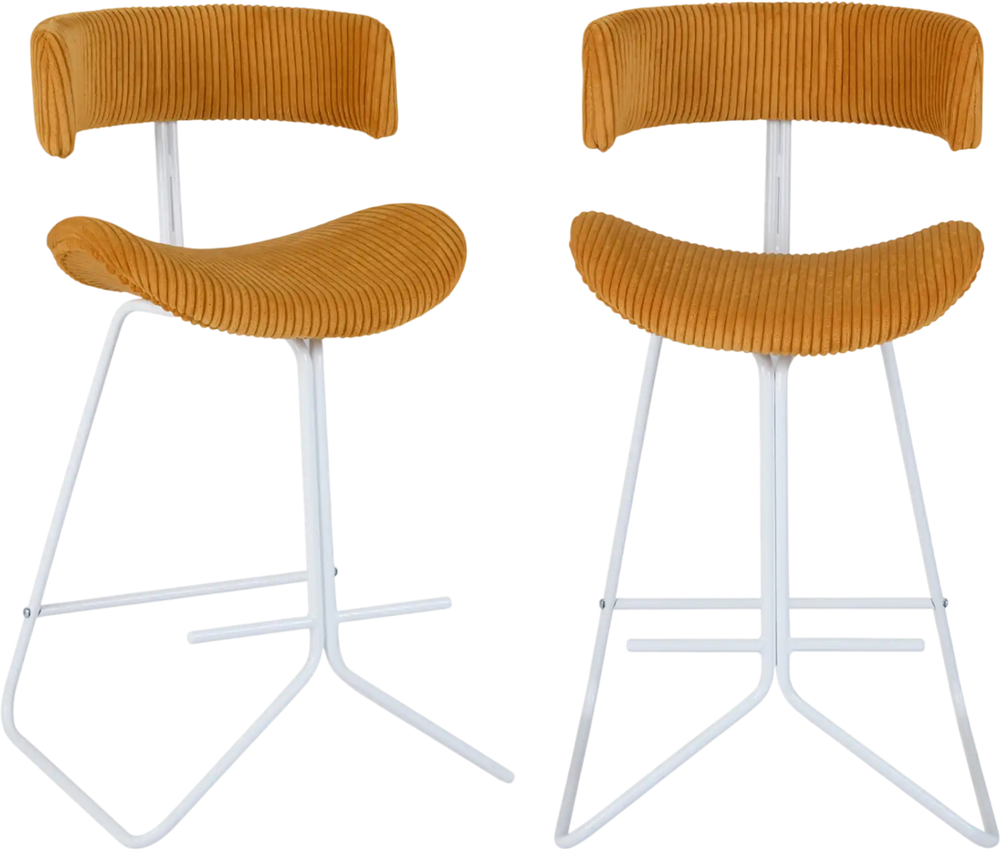 Set of 2 armless counter height stools with orange corduroy seats and white metal bases, ideal for 34"-36" tables.