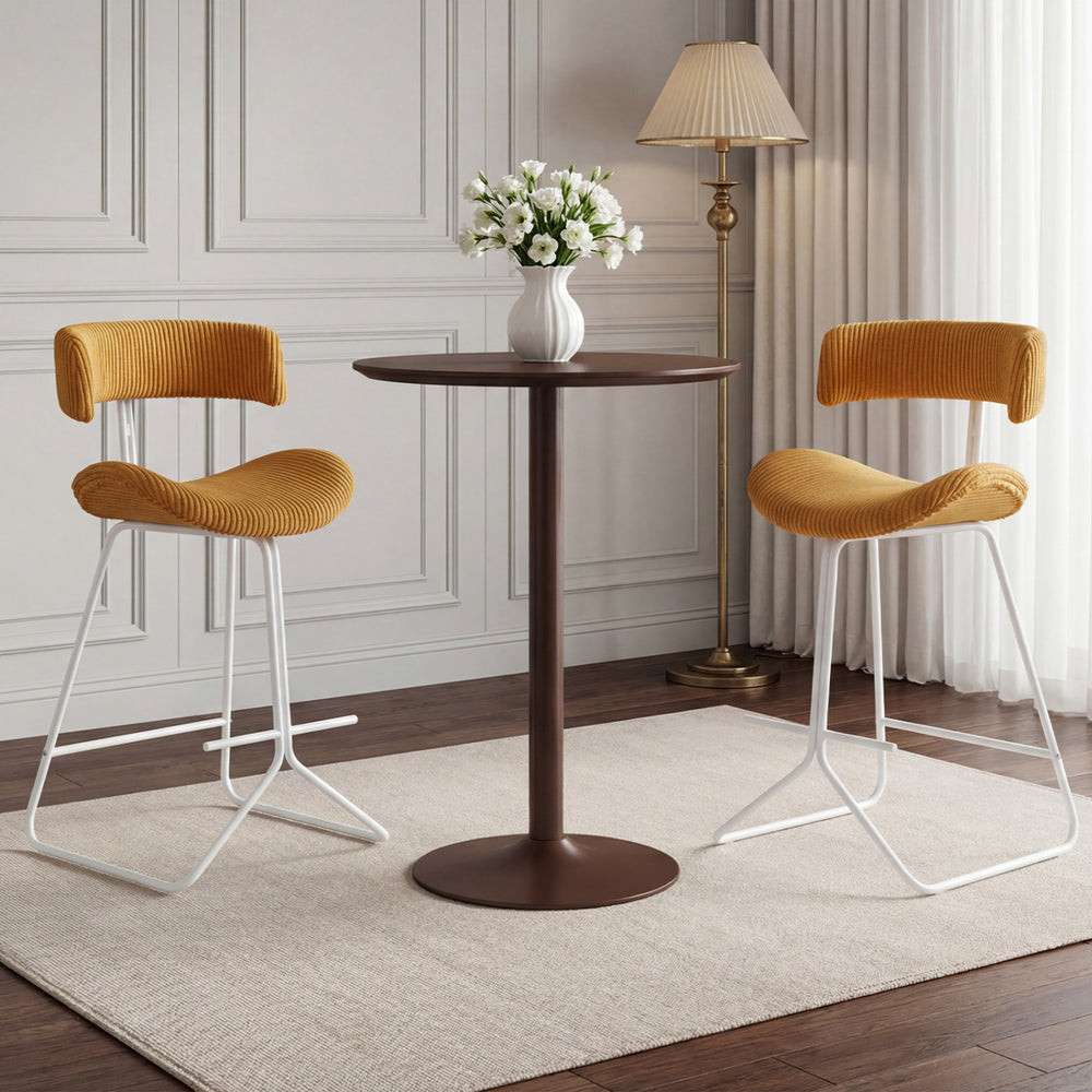Set of 2 armless counter height stools with orange corduroy seats and sleek metal bases, perfect for 34"-36" tables.