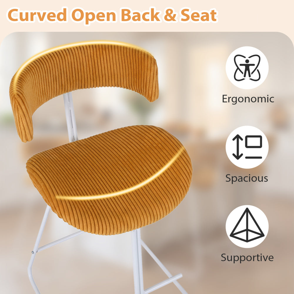 Curved open back and padded seat of the orange counter height stool, offering ergonomic support and comfort for bar use.